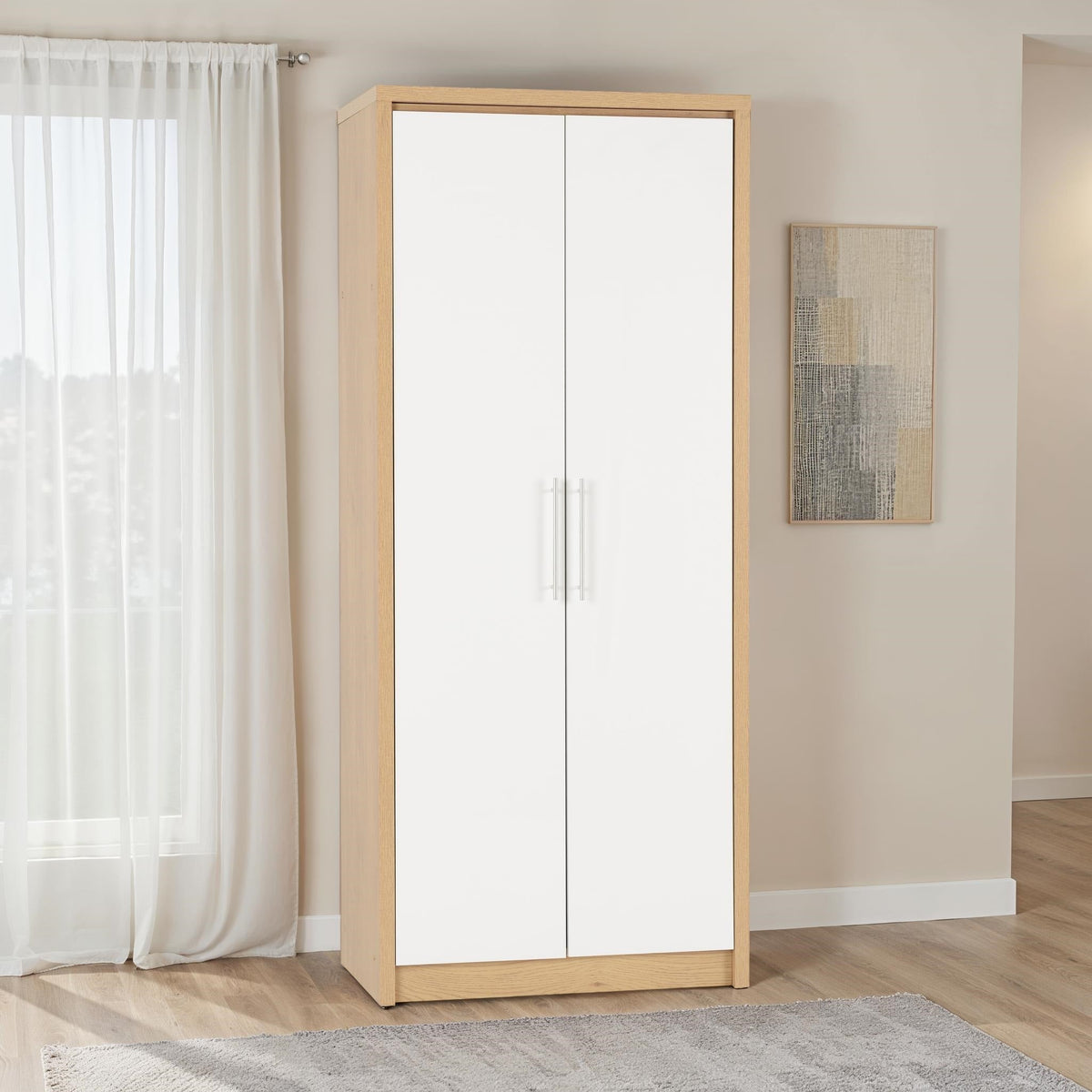Seville 2 Door Wardrobe - White Gloss/Light Oak Effect Veneer