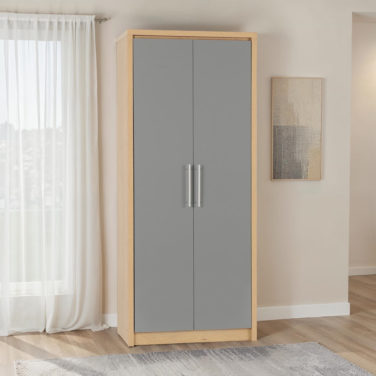 Seville 2 Door Wardrobe - Grey Gloss/Light Oak Effect Veneer