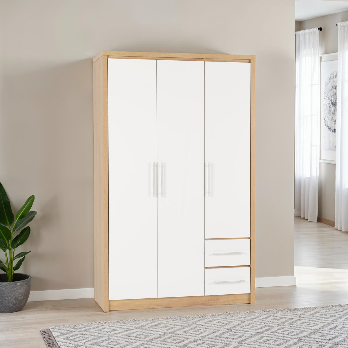 Seville 3 Door 2 Drawer Wardrobe - White Gloss/Light Oak Effect Veneer