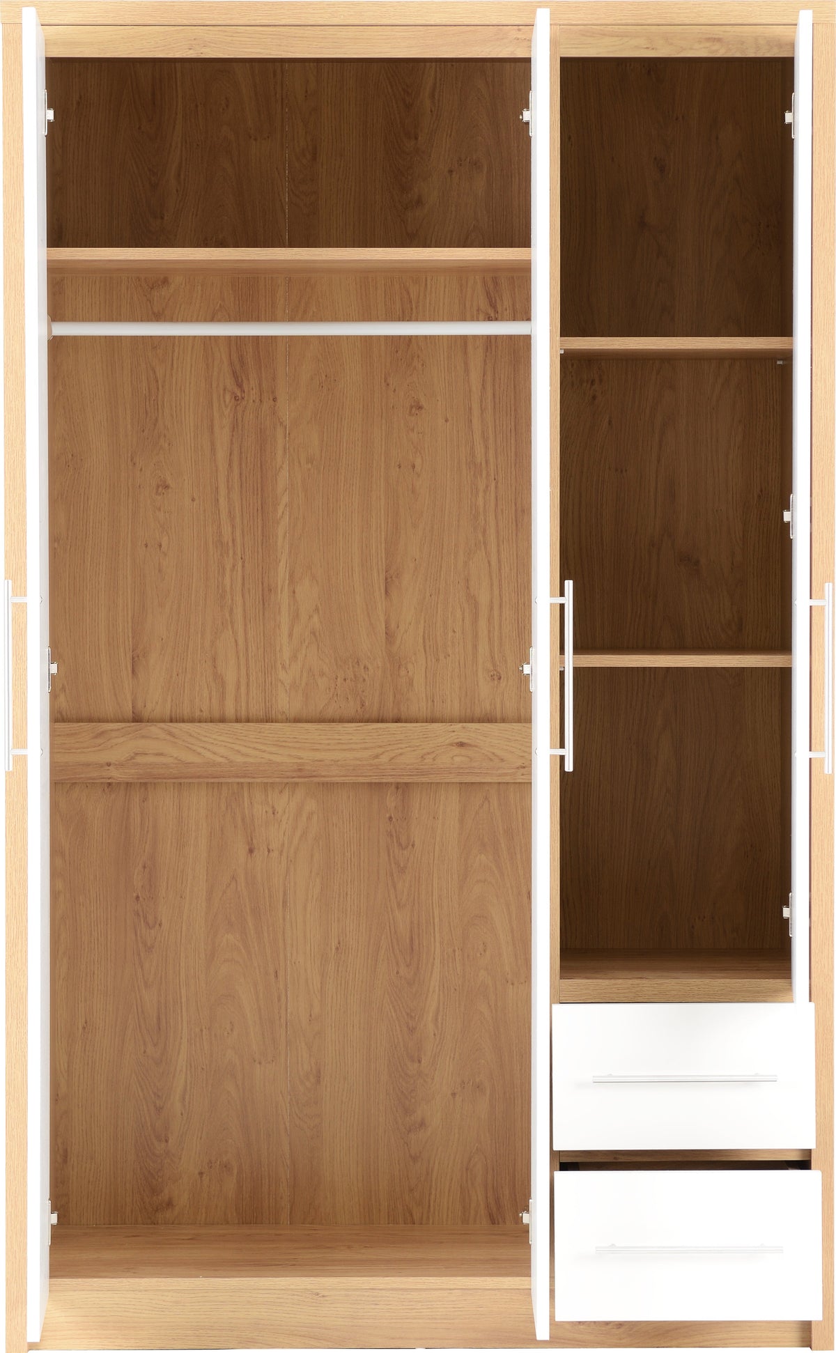 Seville 3 Door 2 Drawer Wardrobe - White Gloss/Light Oak Effect Veneer - view 8
