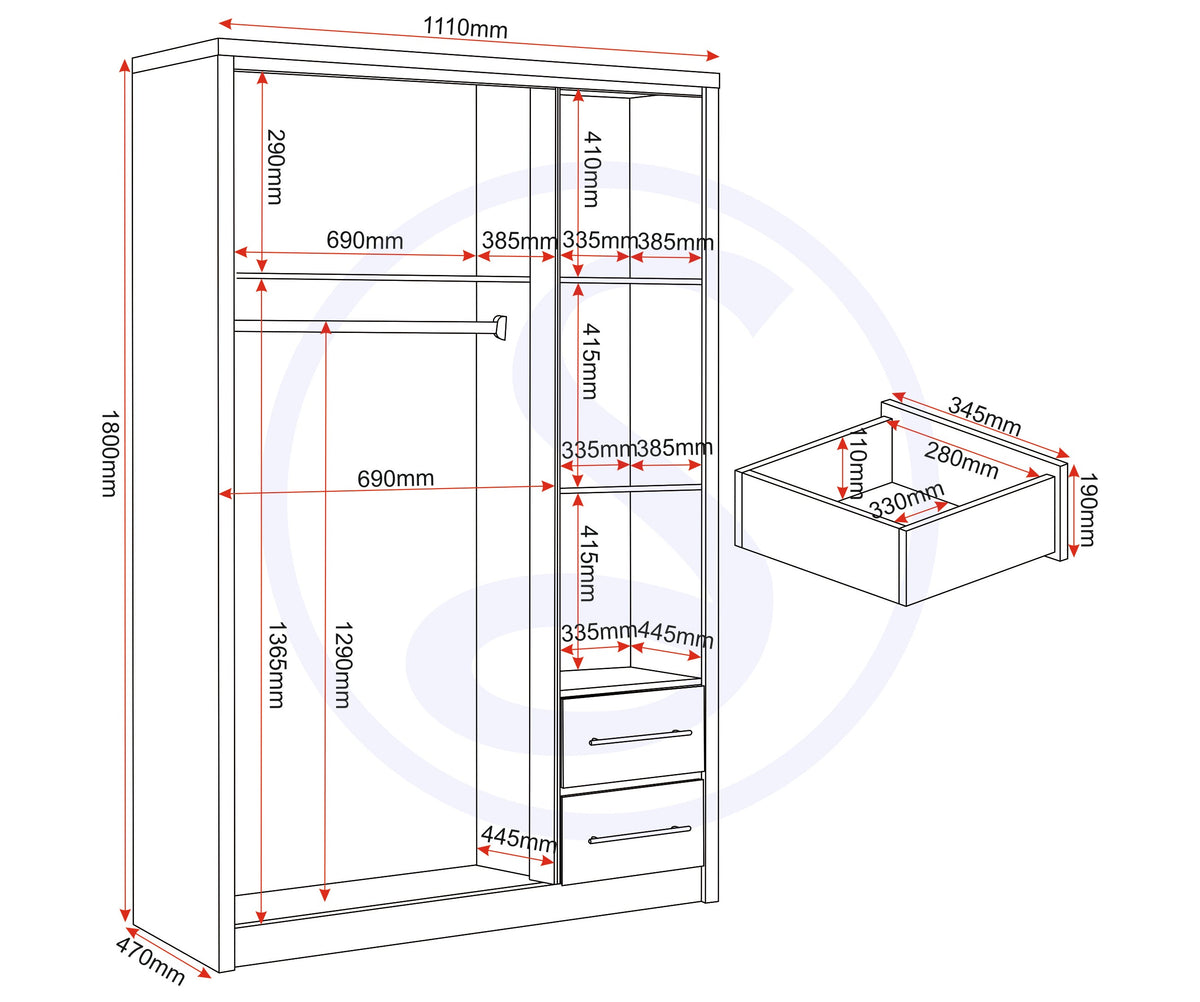 Seville 3 Door 2 Drawer Wardrobe - White Gloss/Light Oak Effect Veneer - view 3