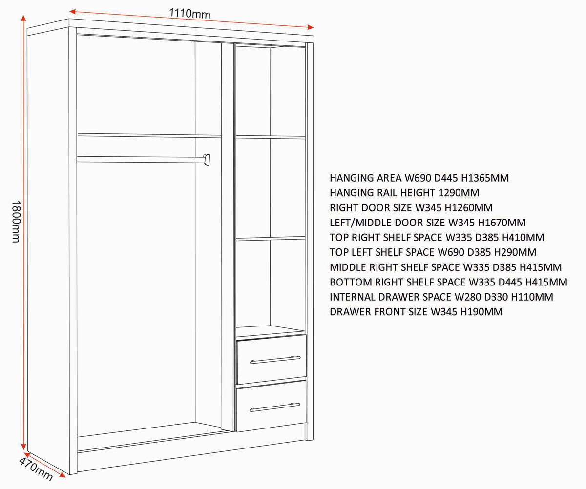Seville 3 Door 2 Drawer Wardrobe - White Gloss/Light Oak Effect Veneer - view 2