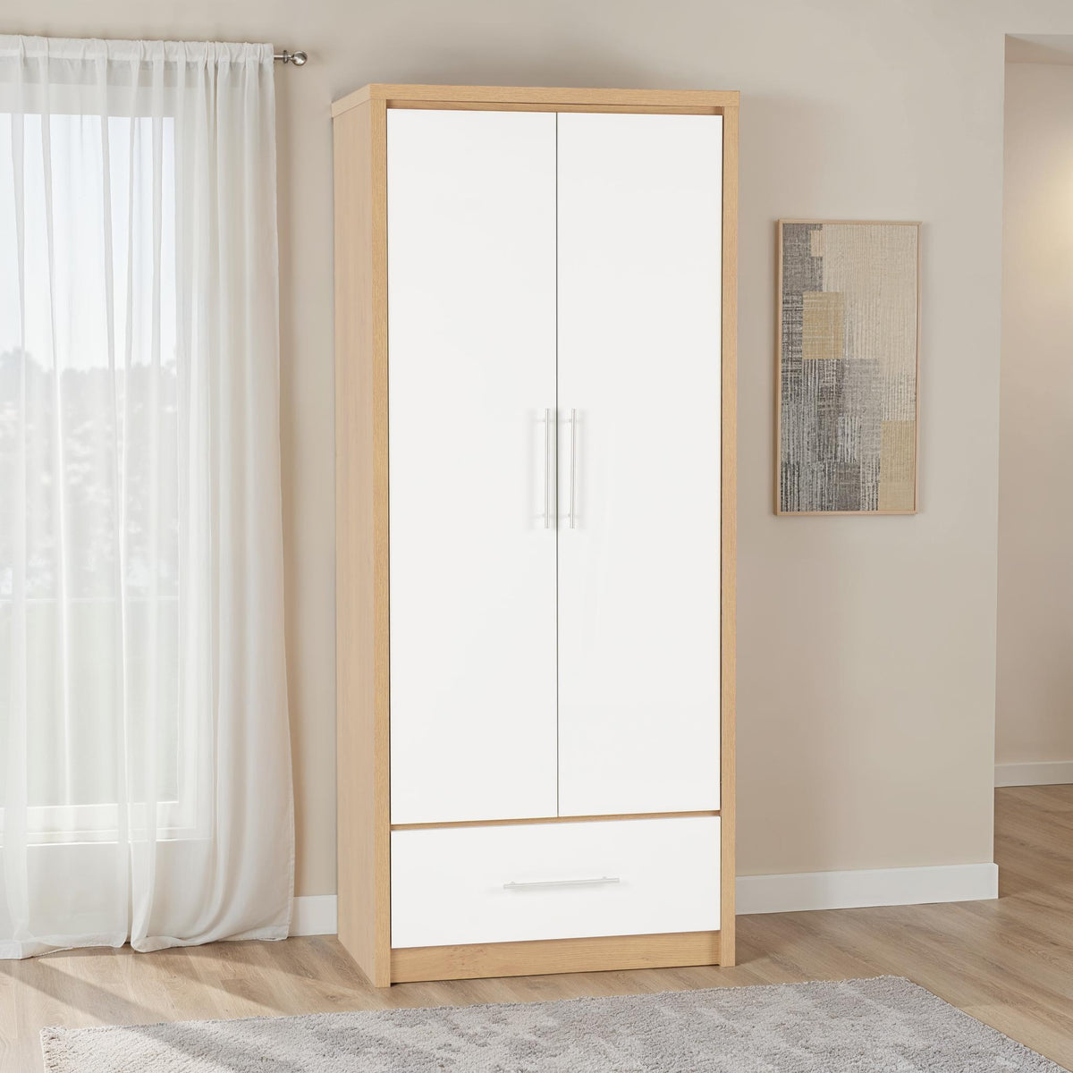 Seville 2 Door 1 Drawer Wardrobe - White Gloss/Light Oak Effect Veneer