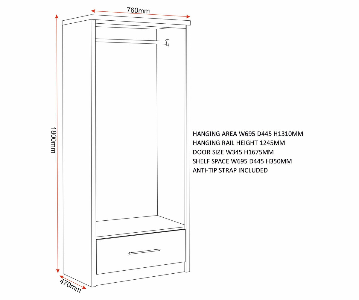Seville 2 Door 1 Drawer Wardrobe - White Gloss/Light Oak Effect Veneer - view 2