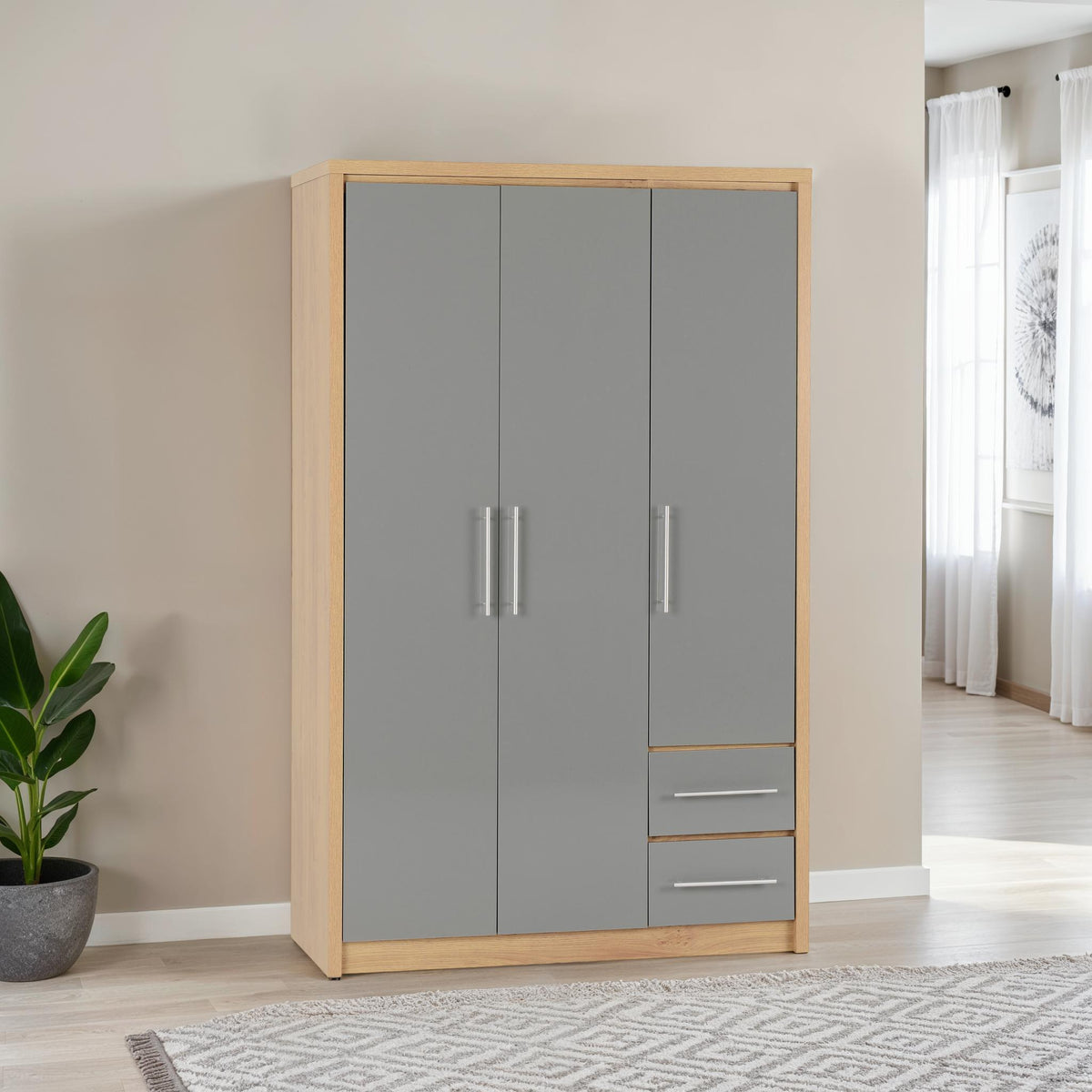 Seville 3 Door 2 Drawer Wardrobe - Grey Gloss/Light Oak Effect Veneer