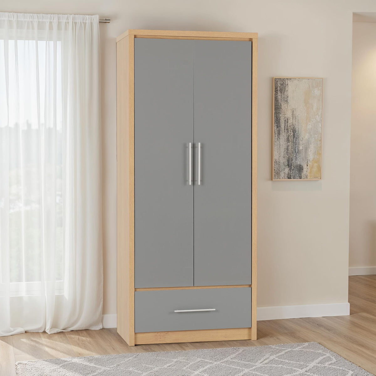 Seville 2 Door 1 Drawer Wardrobe - Grey Gloss/Light Oak Effect Veneer