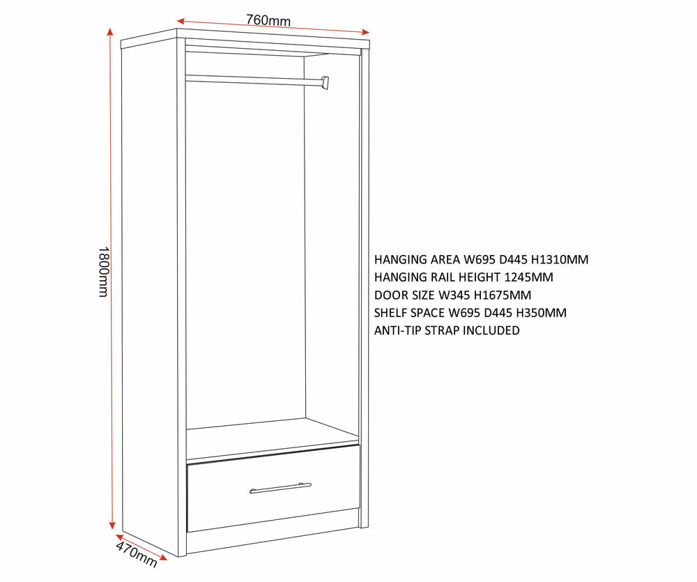 Seville 2 Door 1 Drawer Wardrobe
