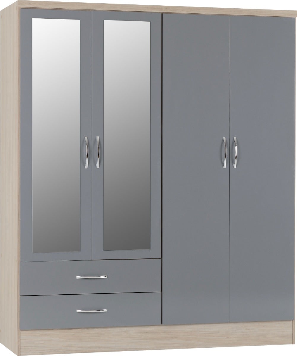 Nevada 4 Door 2 Drawer Wardrobe - Grey Gloss/Light Oak Effect Veneer - view 2