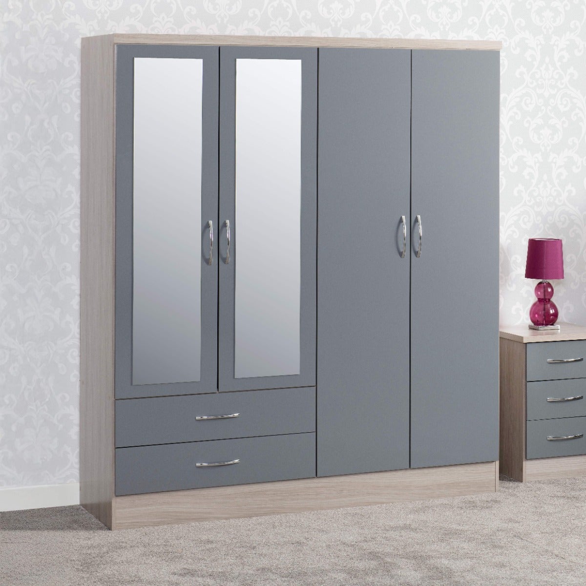 Nevada 4 Door 2 Drawer Wardrobe - Grey Gloss/Light Oak Effect Veneer - view 10