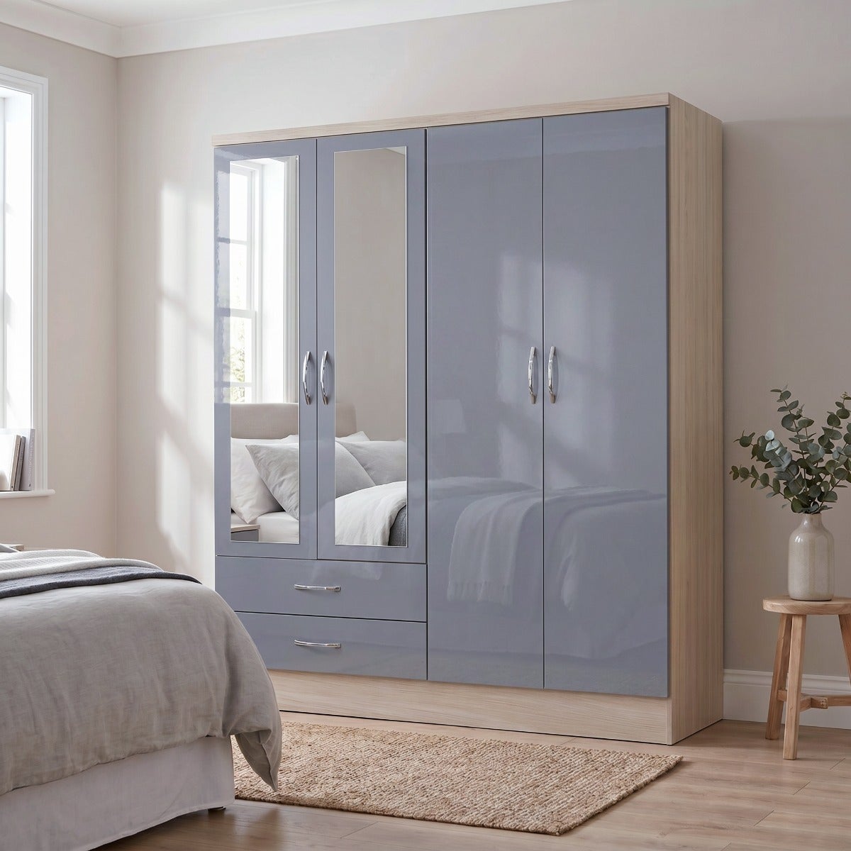 Nevada 4 Door 2 Drawer Wardrobe - Grey Gloss/Light Oak Effect Veneer
