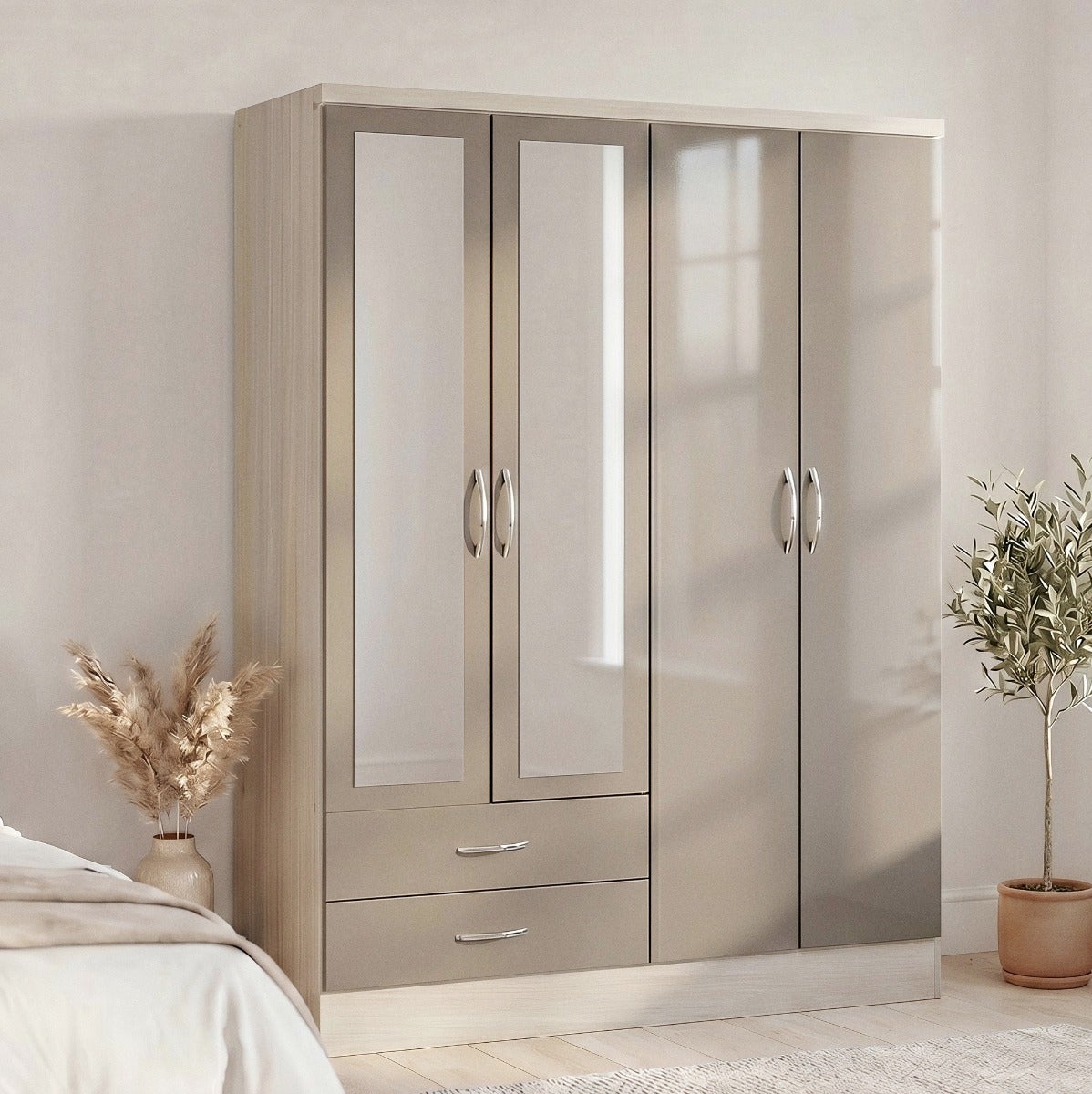 Nevada 4 Door 2 Drawer Wardrobe - Oyster Gloss/Light Oak Effect Veneer