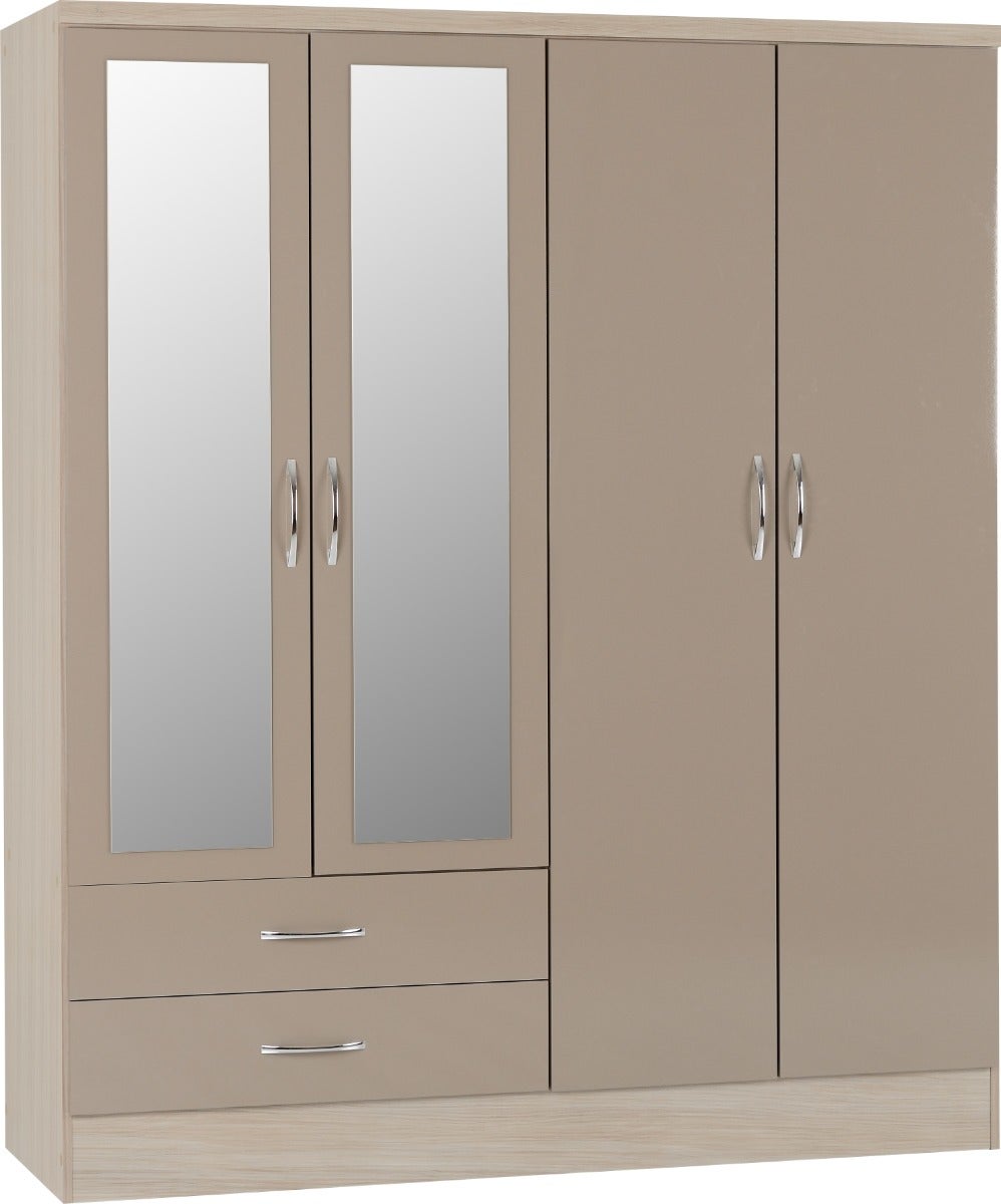Nevada 4 Door 2 Drawer Wardrobe - Oyster Gloss/Light Oak Effect Veneer - view 2