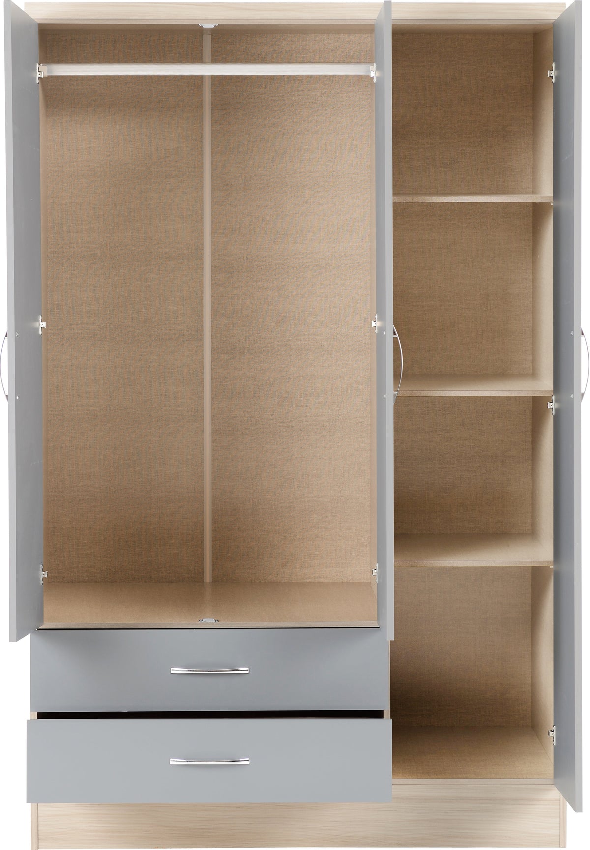 Nevada 3 Door 2 Drawer Wardrobe - Grey Gloss/Light Oak Effect Veneer - view 9