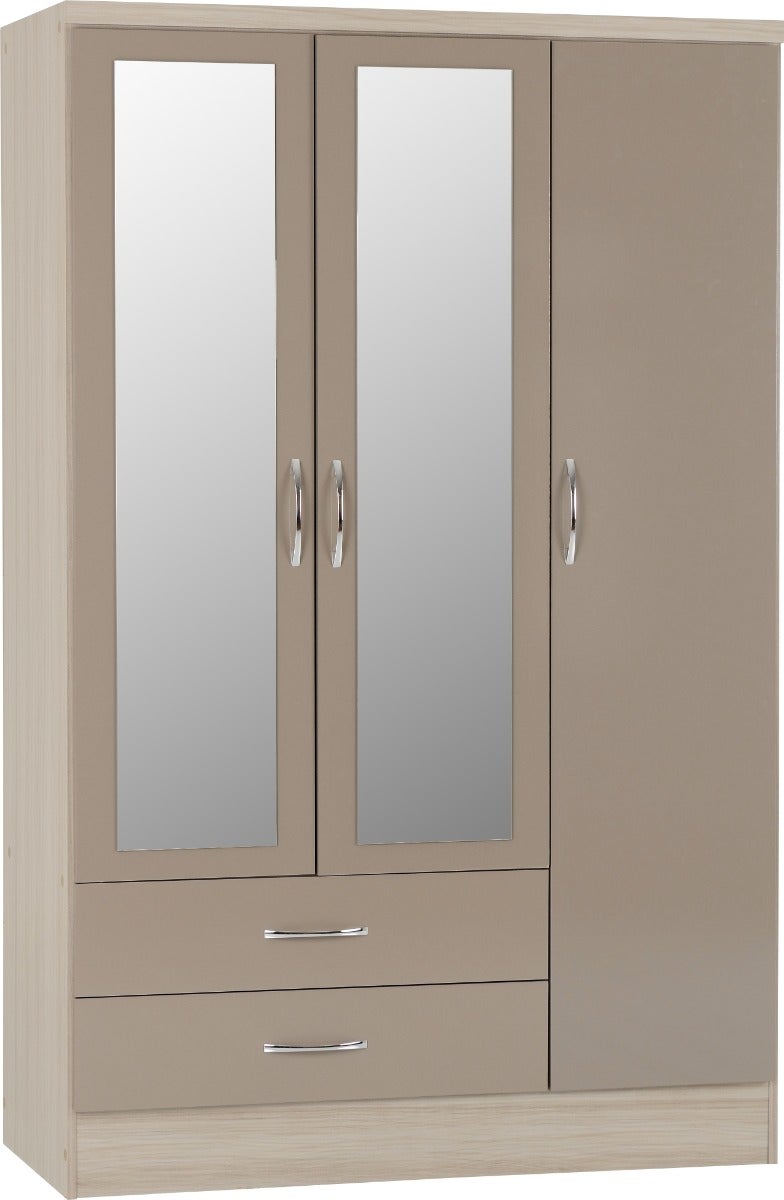 Nevada 3 Door 2 Drawer Wardrobe - Oyster Gloss/Light Oak Effect Veneer - view 2