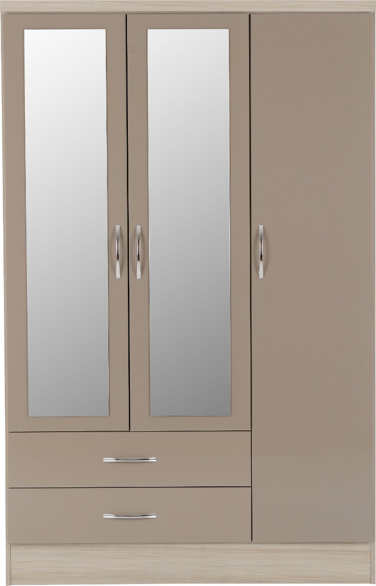 Nevada 3 Door 2 Drawer Wardrobe - Oyster Gloss/Light Oak Effect Veneer - view 4