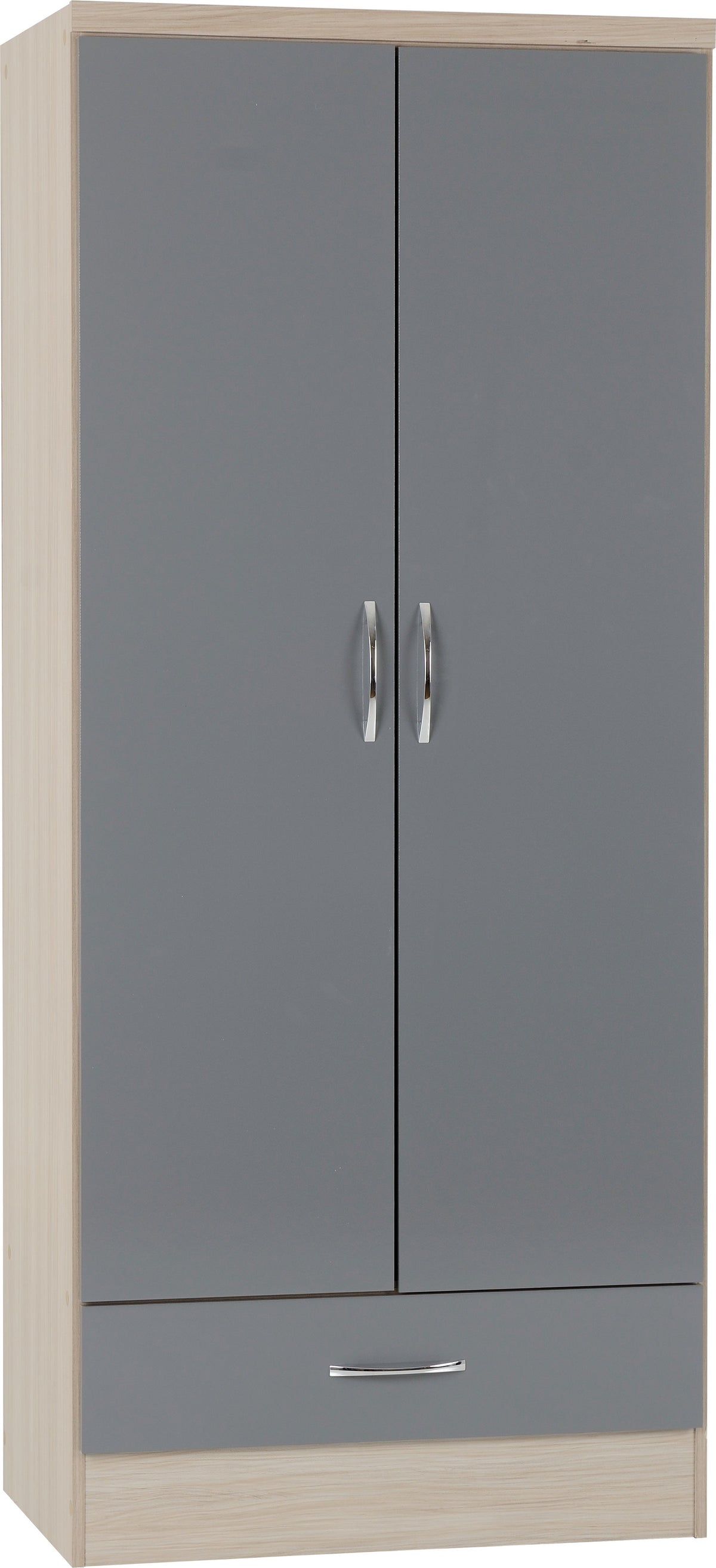 Nevada 2 Door 1 Drawer Wardrobe - Grey Gloss/Light Oak Effect Veneer - view 10