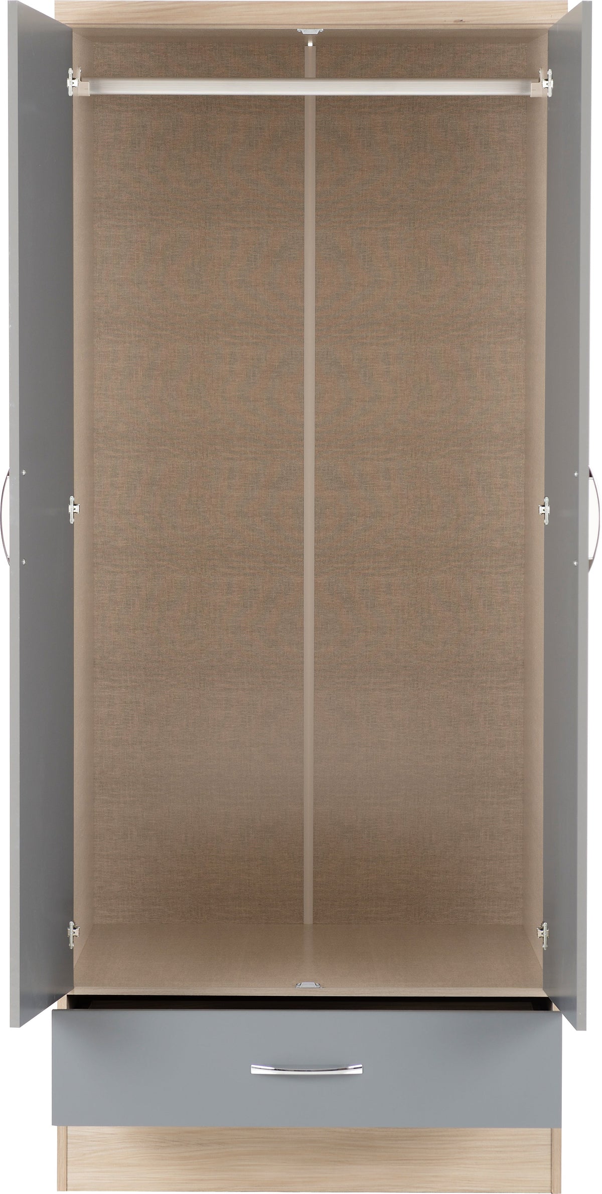 Nevada 2 Door 1 Drawer Wardrobe - Grey Gloss/Light Oak Effect Veneer - view 9