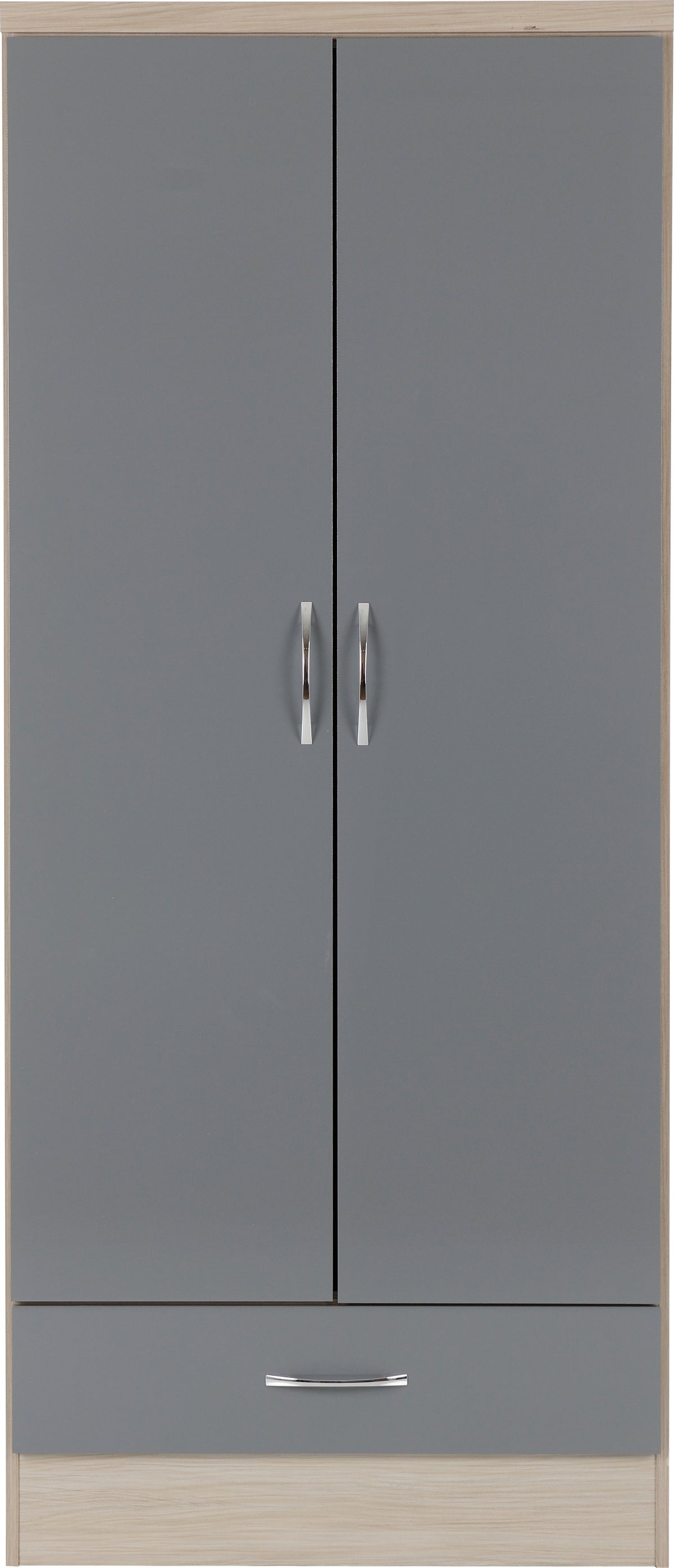 Nevada 2 Door 1 Drawer Wardrobe - Grey Gloss/Light Oak Effect Veneer - view 8