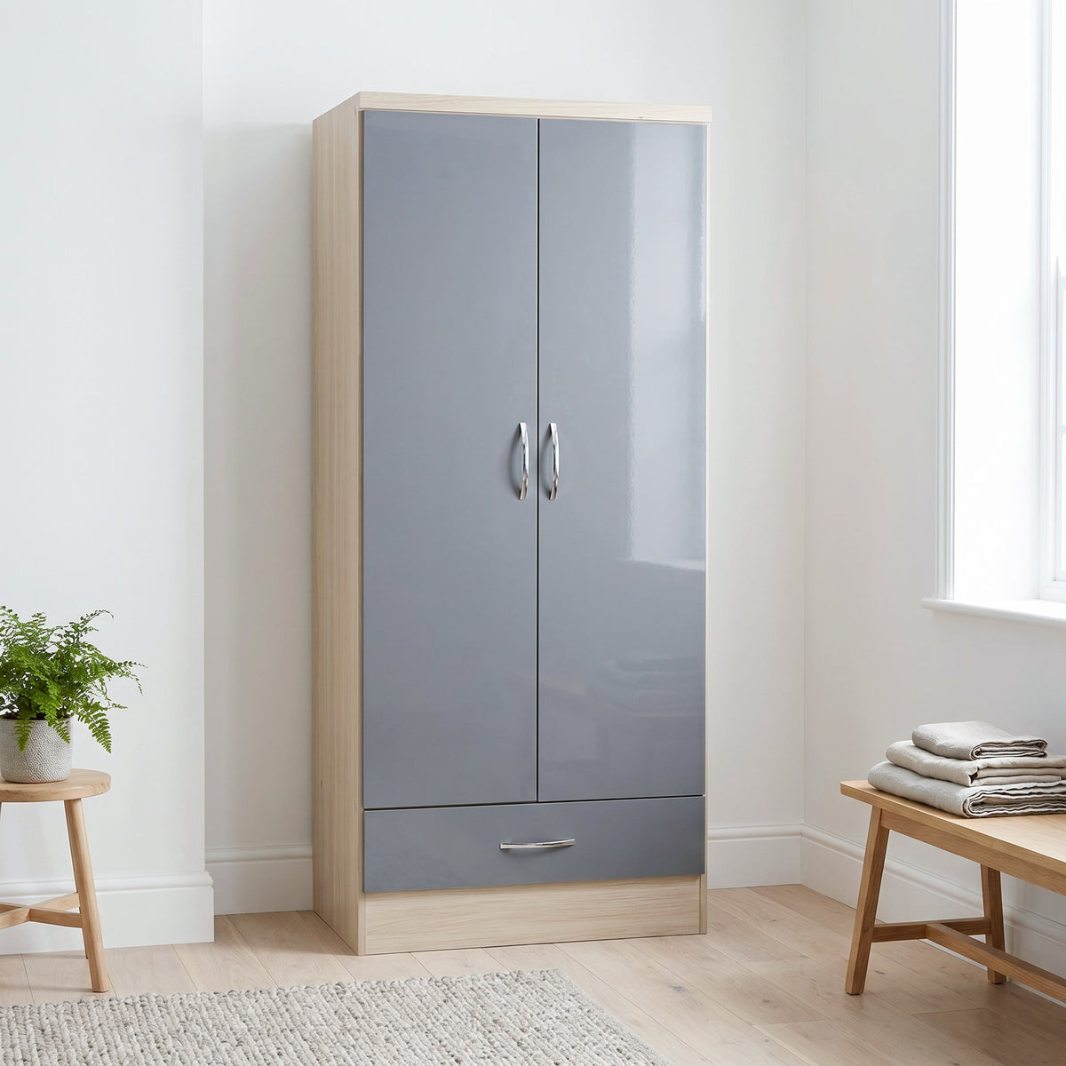 Nevada 2 Door 1 Drawer Wardrobe - Grey Gloss/Light Oak Effect Veneer