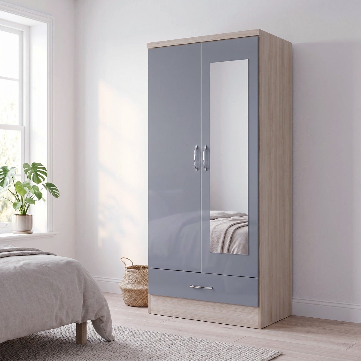 Nevada Mirrored 2 Door Wardrobe - Grey Gloss/Light Oak Effect Veneer