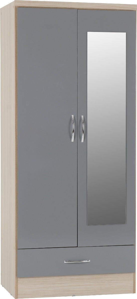 Nevada Mirrored 2 Door Wardrobe - Grey Gloss/Light Oak Effect Veneer - view 2