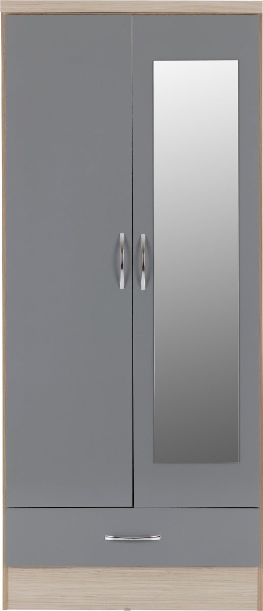Nevada Mirrored 2 Door Wardrobe - Grey Gloss/Light Oak Effect Veneer - view 4