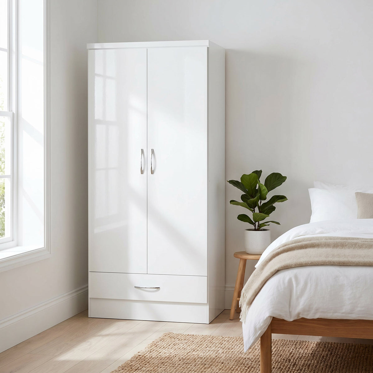 Nevada 2 Door 1 Drawer Wardrobe - White Gloss