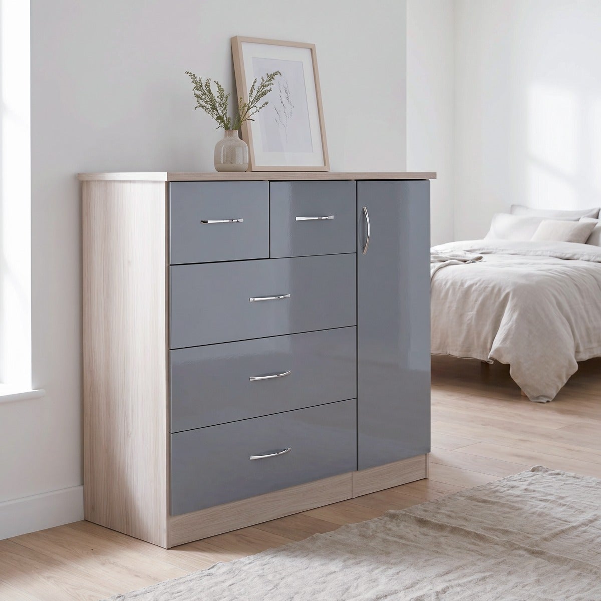 Nevada 5 Drawer Low Wardrobe - Grey Gloss/Light Oak Effect Veneer
