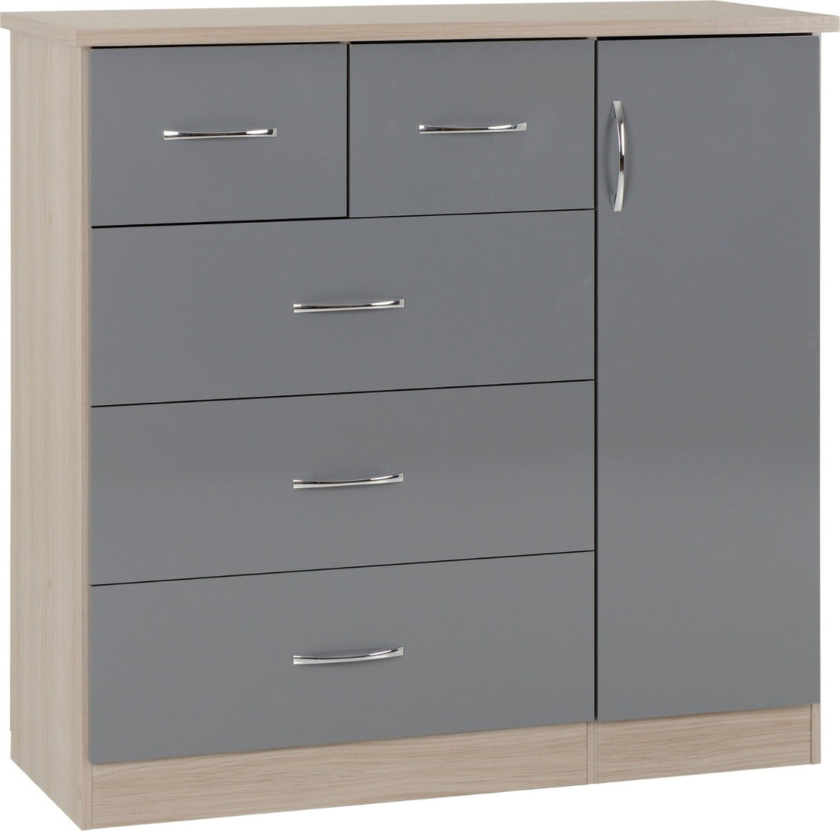 Nevada 5 Drawer Low Wardrobe - Grey Gloss/Light Oak Effect Veneer - view 2