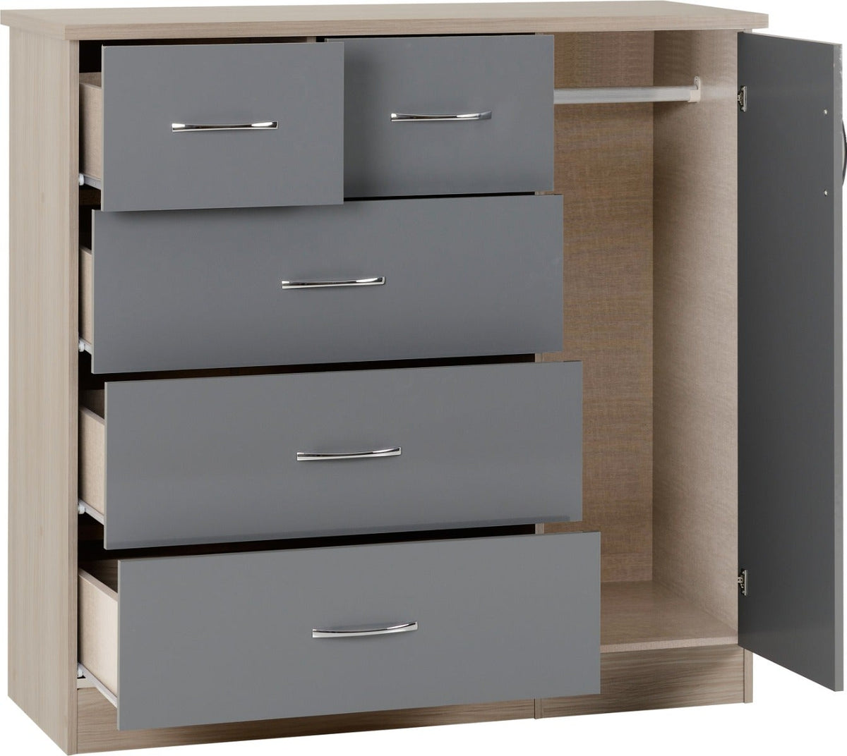 Nevada 5 Drawer Low Wardrobe - Grey Gloss/Light Oak Effect Veneer - view 3