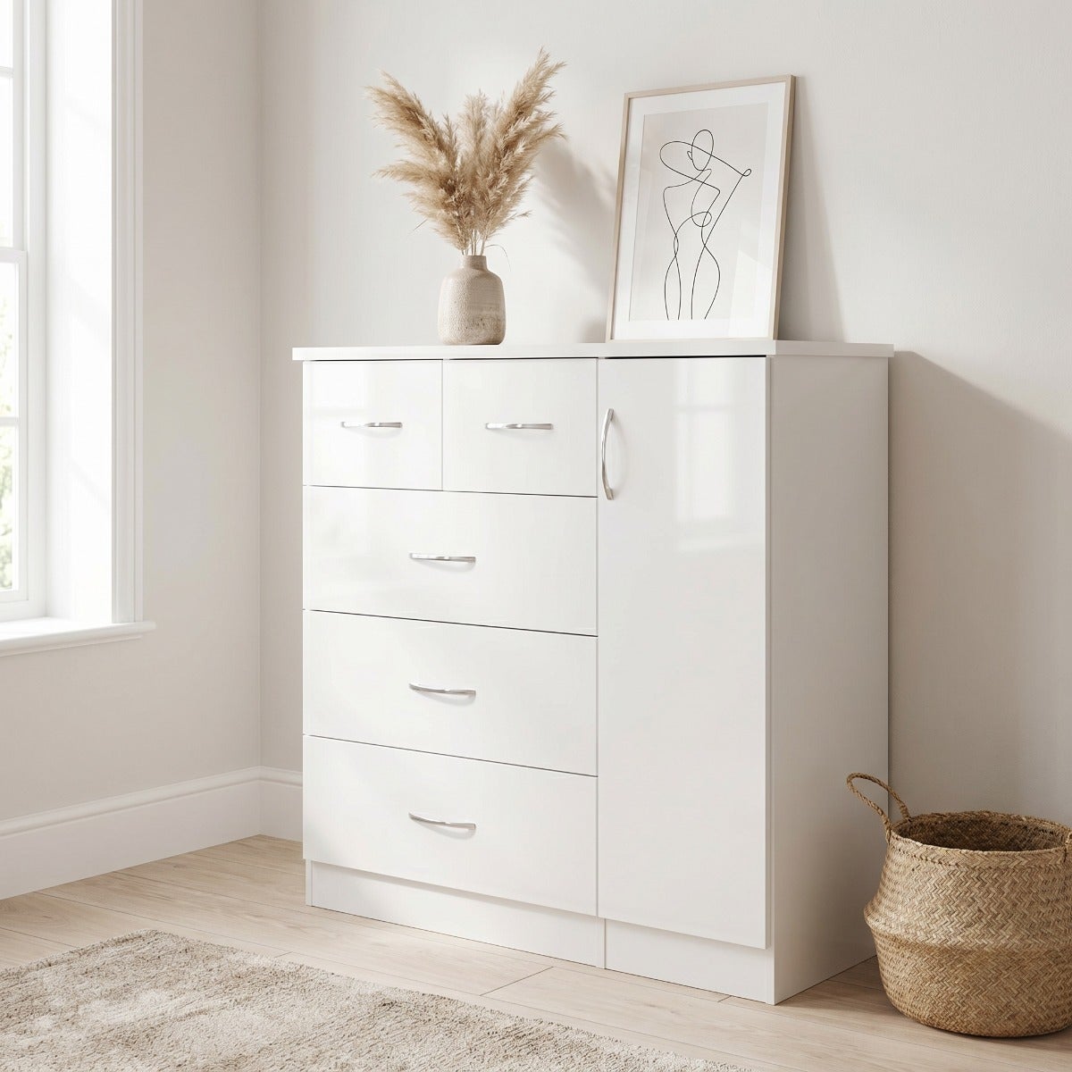 Nevada 5 Drawer Low Wardrobe - White Gloss