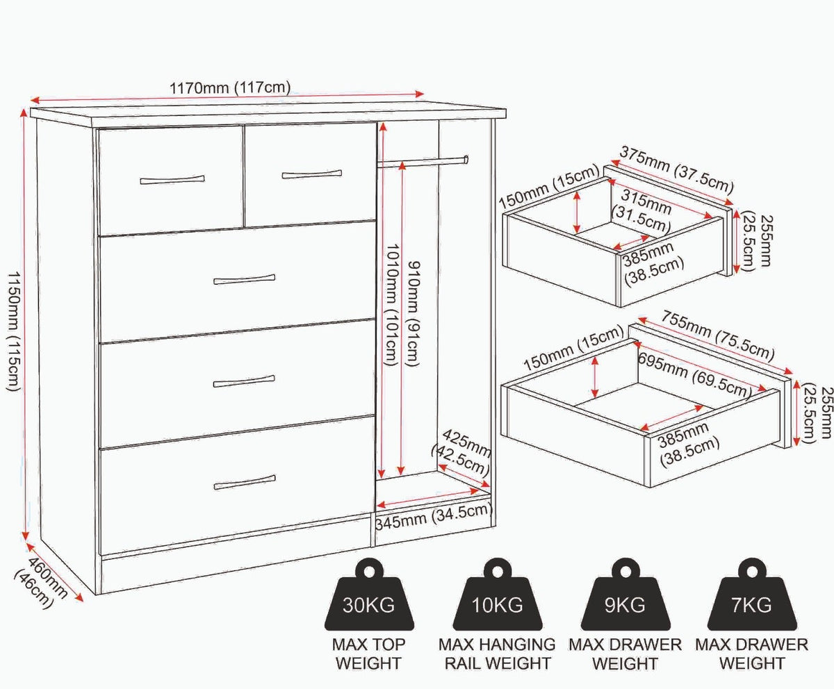 Nevada 5 Drawer Low Wardrobe - White Gloss - view 9