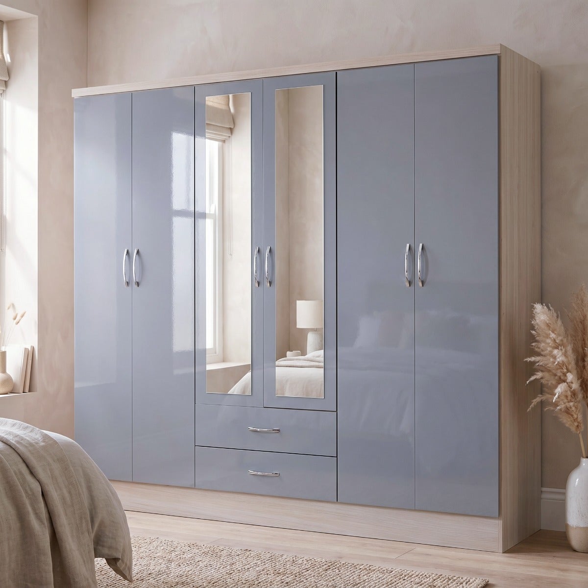 Nevada 6 Door 2 Drawer Wardrobe - Grey Gloss/Light Oak Effect Veneer