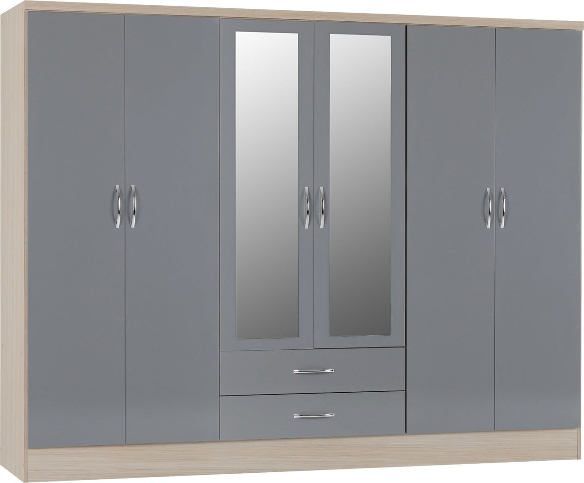 Nevada 6 Door 2 Drawer Wardrobe - Grey Gloss/Light Oak Effect Veneer - view 2