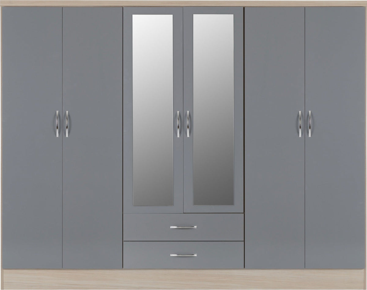 Nevada 6 Door 2 Drawer Wardrobe - Grey Gloss/Light Oak Effect Veneer - view 3