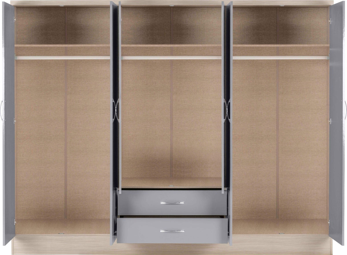 Nevada 6 Door 2 Drawer Wardrobe - Grey Gloss/Light Oak Effect Veneer - view 4