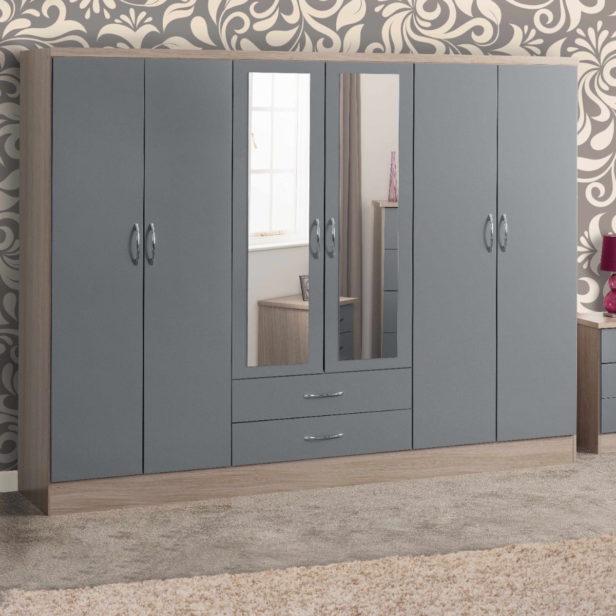 Nevada 6 Door 2 Drawer Wardrobe - Grey Gloss/Light Oak Effect Veneer - view 8