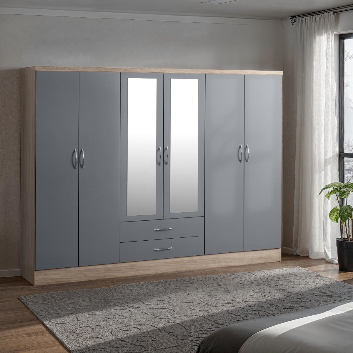 Nevada 6 Door 2 Drawer Wardrobe - Grey Gloss/Light Oak Effect Veneer - view 9