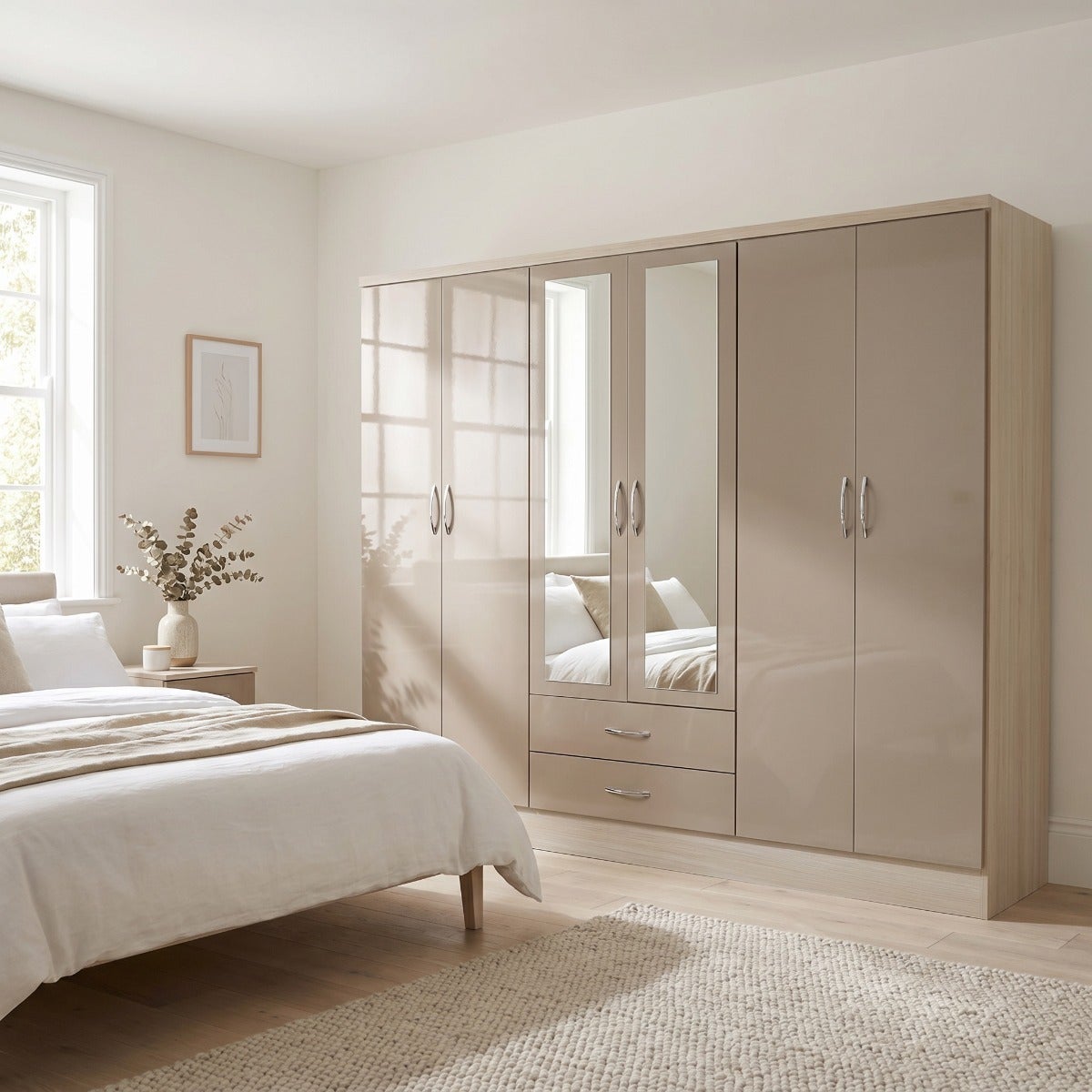 Nevada 6 Door 2 Drawer Wardrobe - Oyster Gloss/Light Oak Effect Veneer