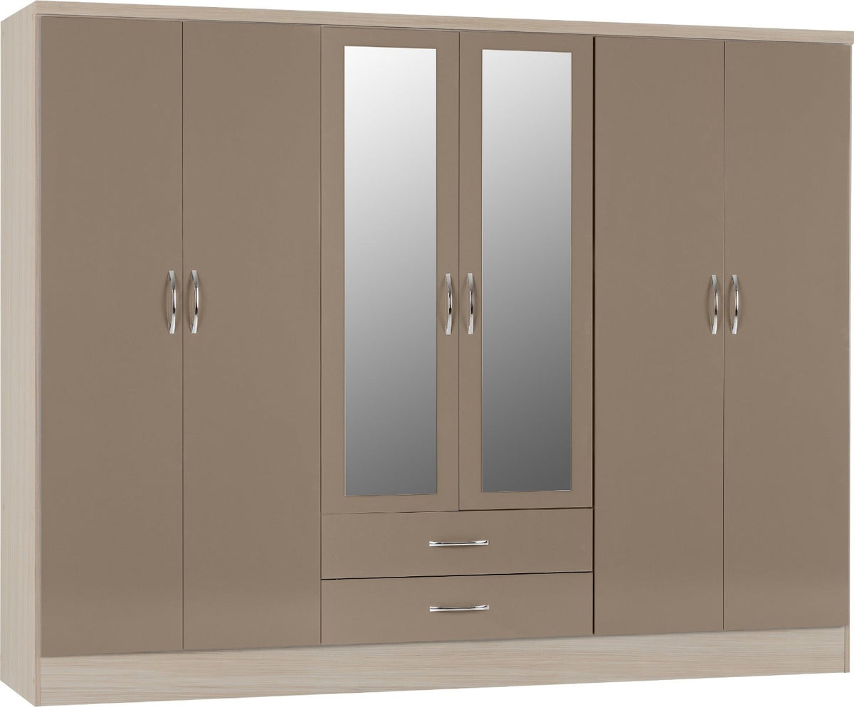 Nevada 6 Door 2 Drawer Wardrobe - Oyster Gloss/Light Oak Effect Veneer - view 2