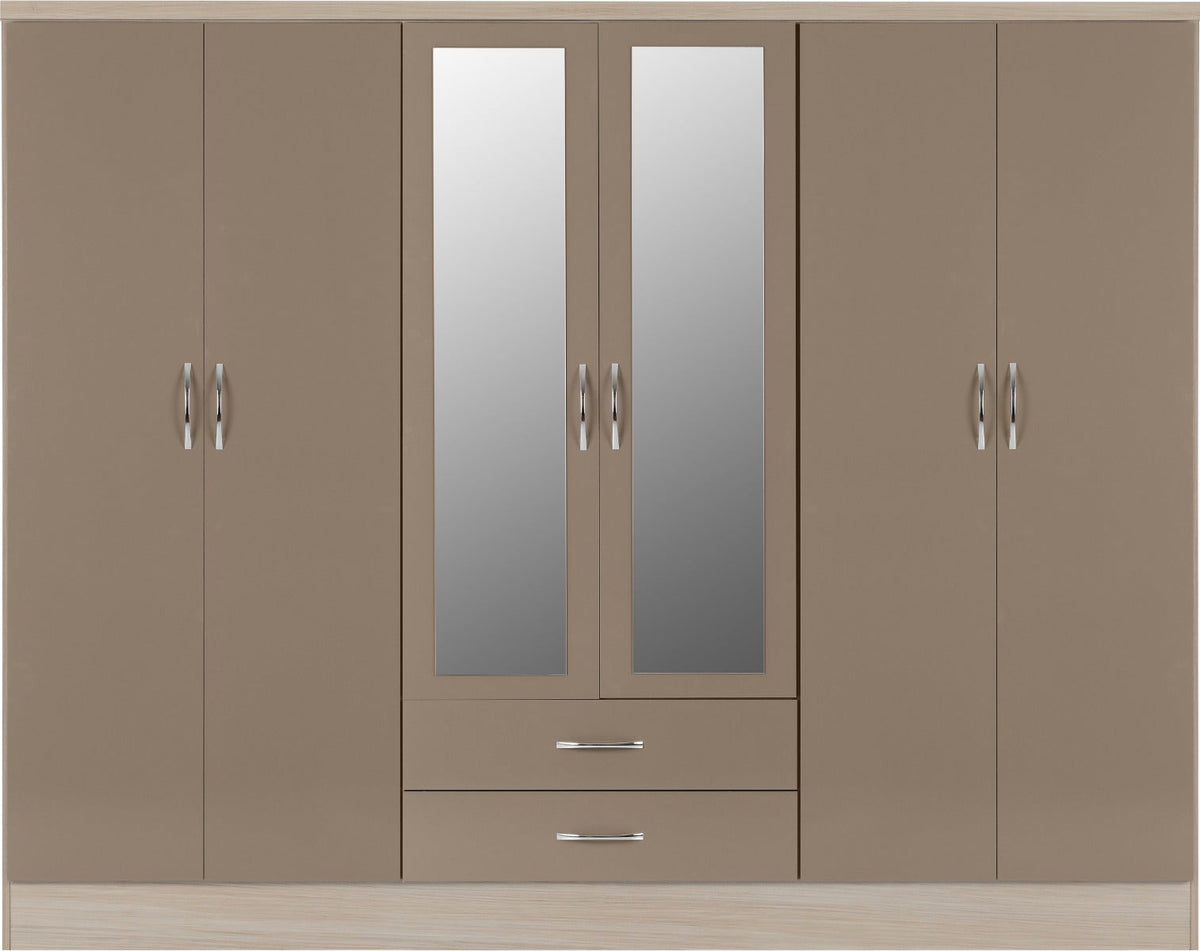Nevada 6 Door 2 Drawer Wardrobe - Oyster Gloss/Light Oak Effect Veneer - view 3