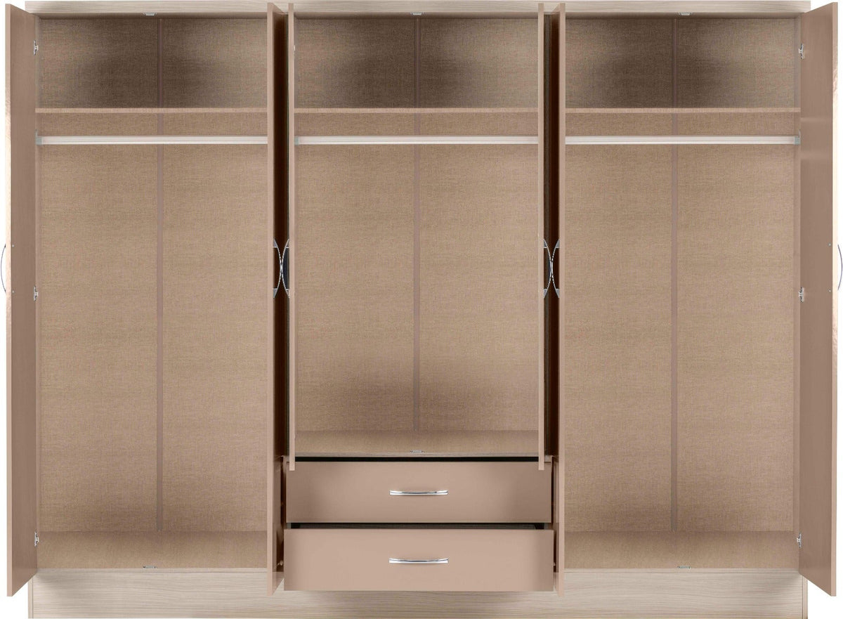 Nevada 6 Door 2 Drawer Wardrobe - Oyster Gloss/Light Oak Effect Veneer - view 4