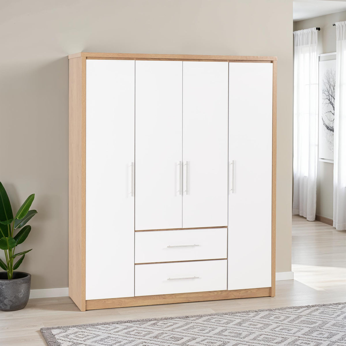Seville 4 Door 2 Drawer Wardrobe - White Gloss/Light Oak Effect Veneer