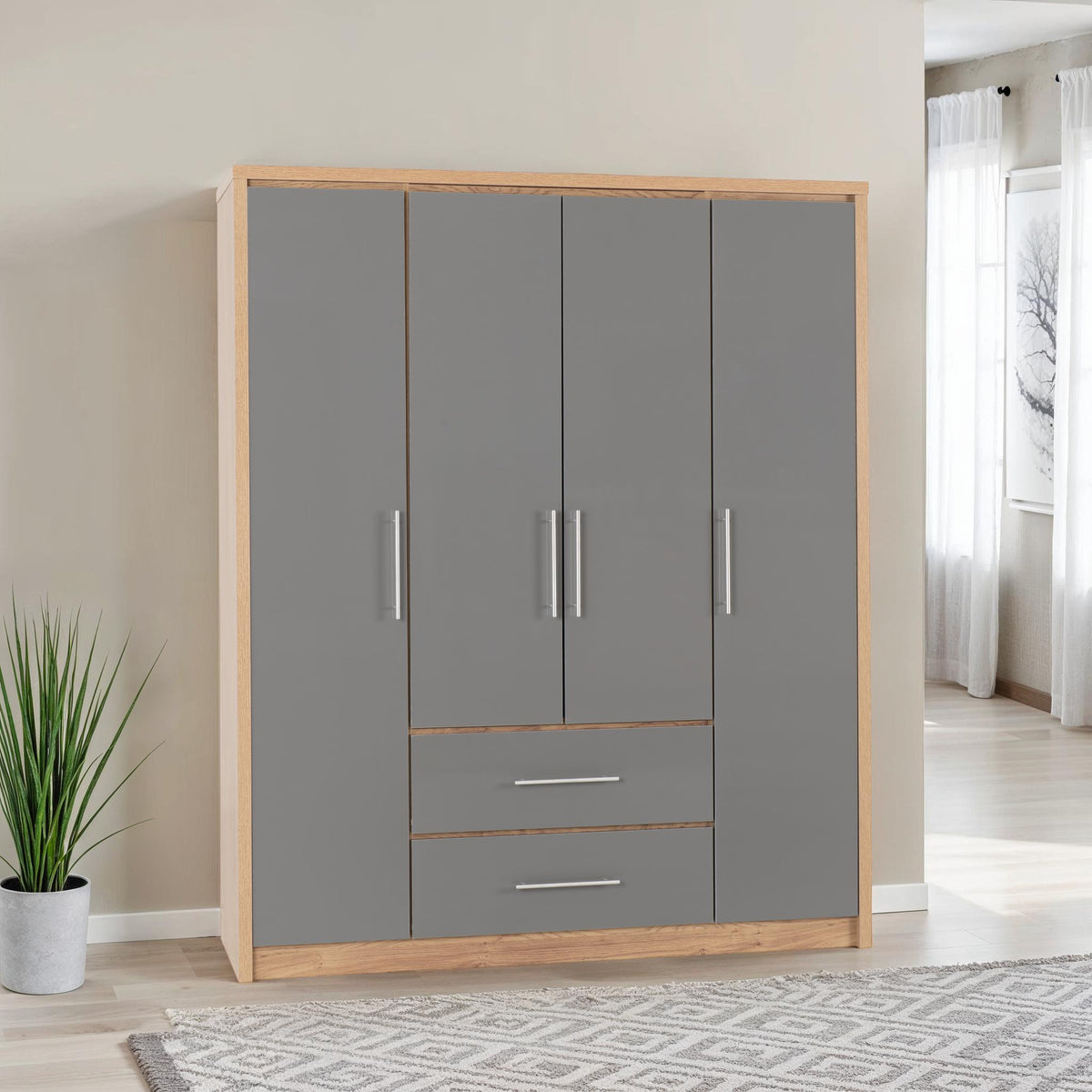 Seville 4 Door 2 Drawer Wardrobe - Grey Gloss/Light Oak Effect Veneer