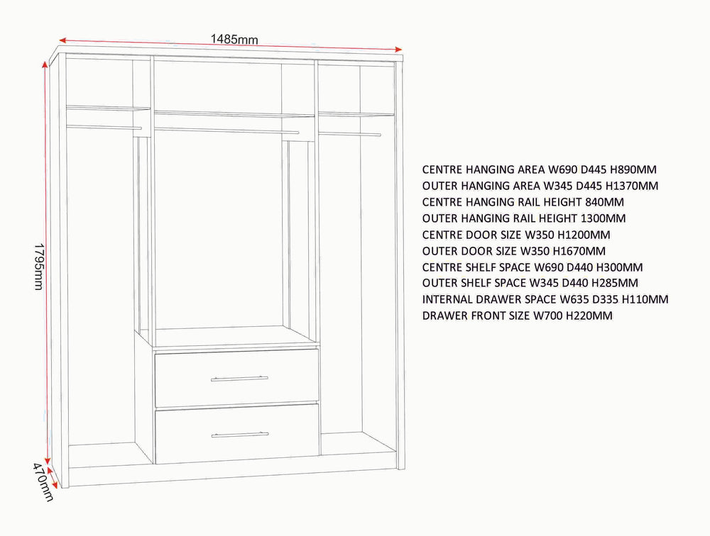 Seville 4 Door 2 Drawer Wardrobe
