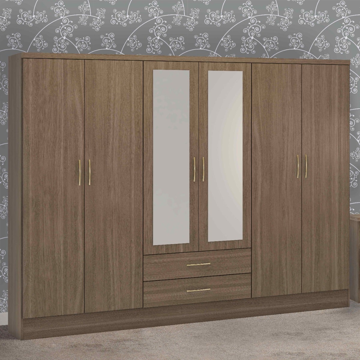 Nevada 6 Door 2 Drawer Wardrobe - Rustic Oak Effect - view 7