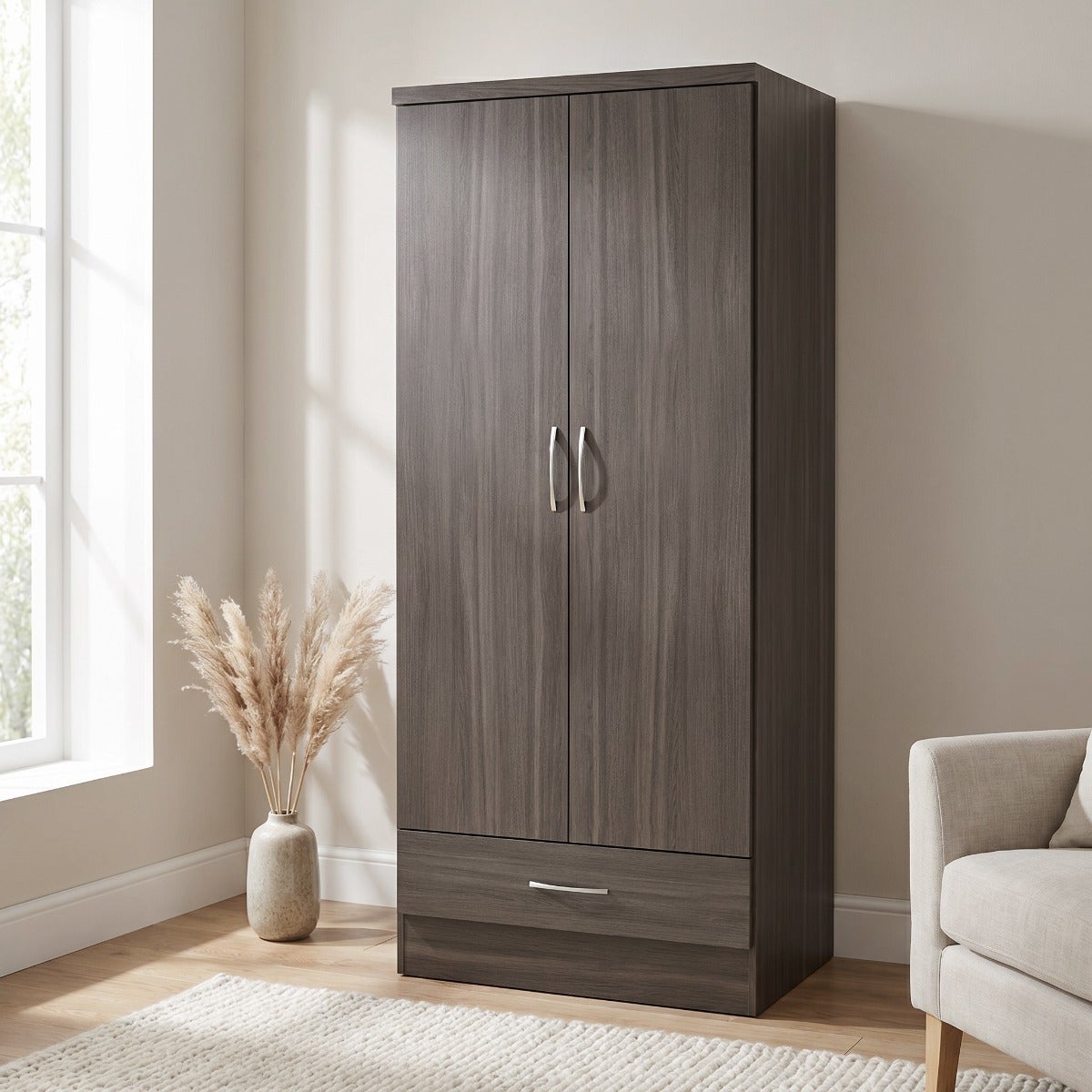 Nevada 2 Door 1 Drawer Wardrobe - Black Wood Grain