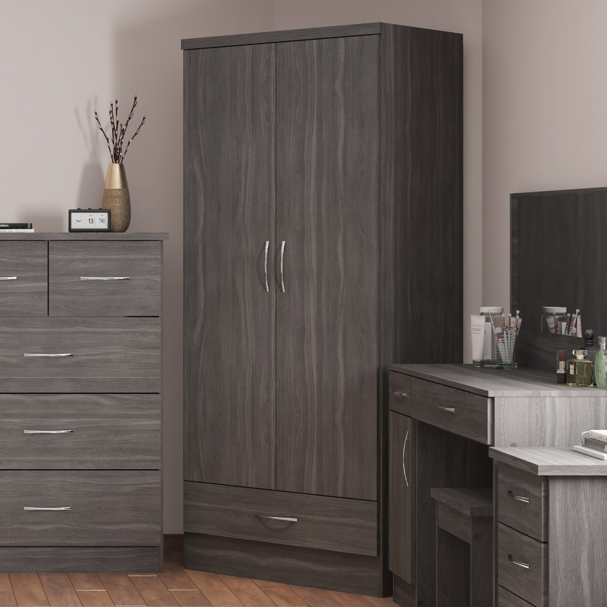 Nevada 2 Door 1 Drawer Wardrobe - Black Wood Grain - view 9
