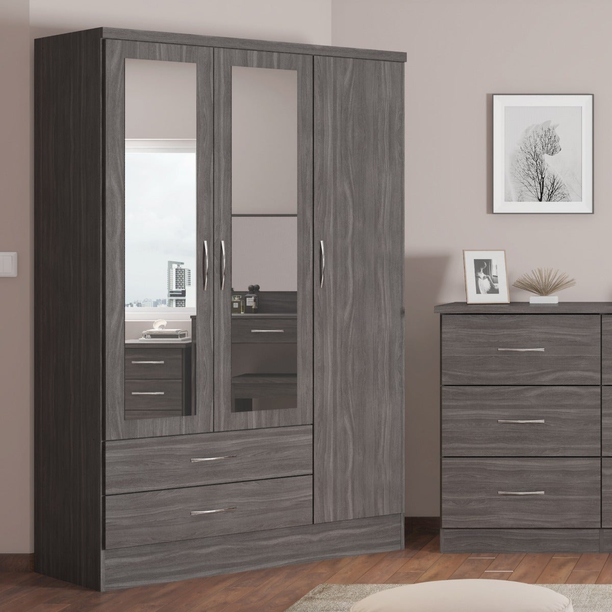 Nevada 3 Door 2 Drawer Wardrobe - Black Wood Grain - view 9