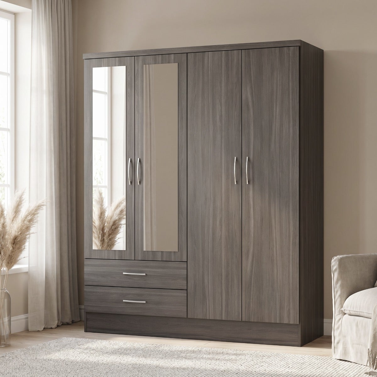 Nevada 4 Door 2 Drawer Wardrobe - Black Wood Grain
